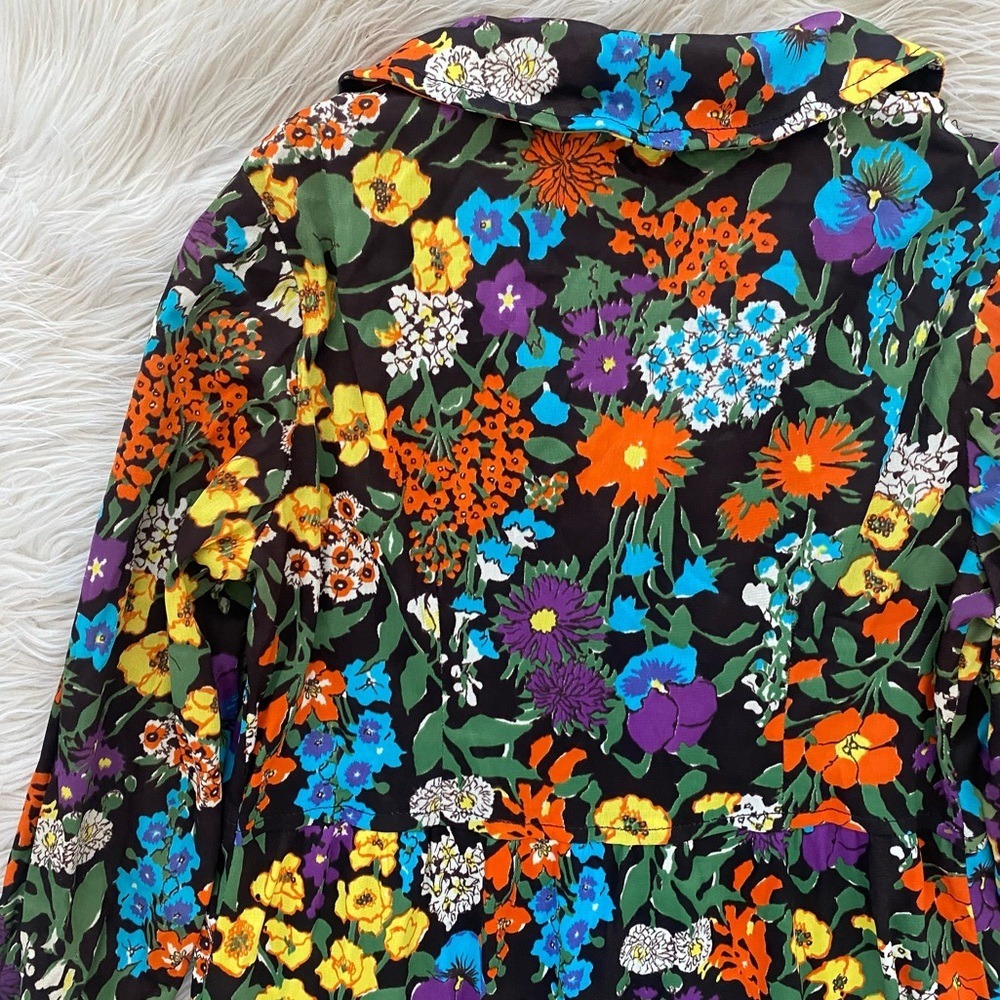 Vintage 70s Retro Dark Floral Button Front Long Sleeve Mini Dress Orange Blue - Picture 8 of 16
